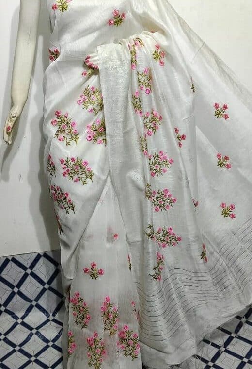 Rich White Fletcher Silk Linen Saree With Floral Embroidery