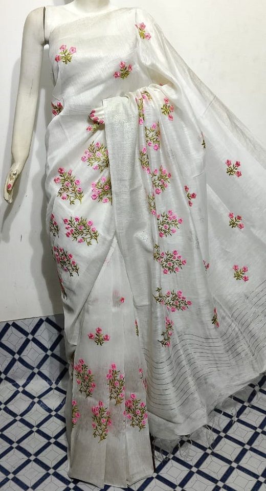 Rich White Fletcher Silk Linen Saree With Floral Embroidery