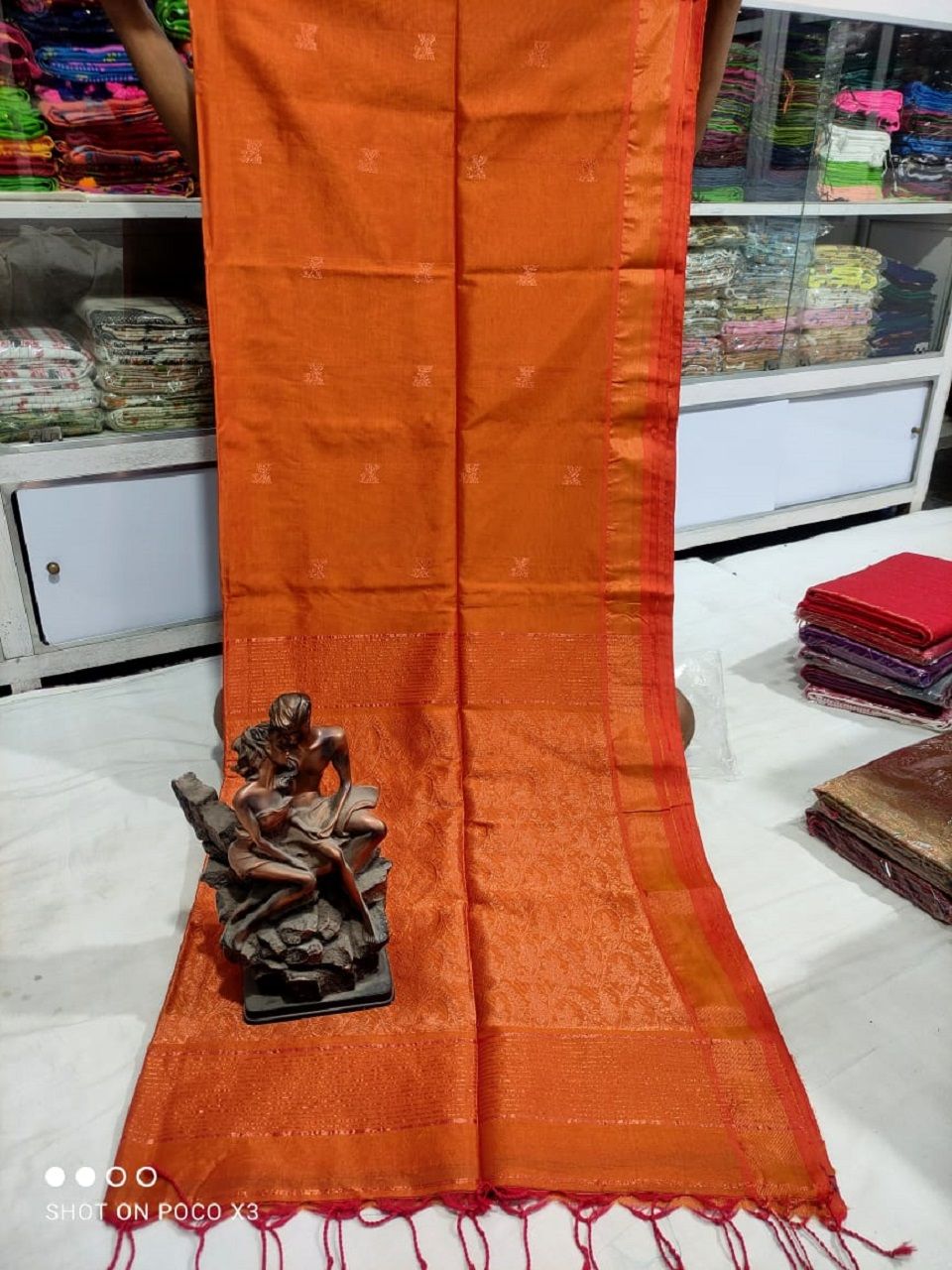 Rustic Orange Matka Cotton Silk Handwoven Butti Design Saree