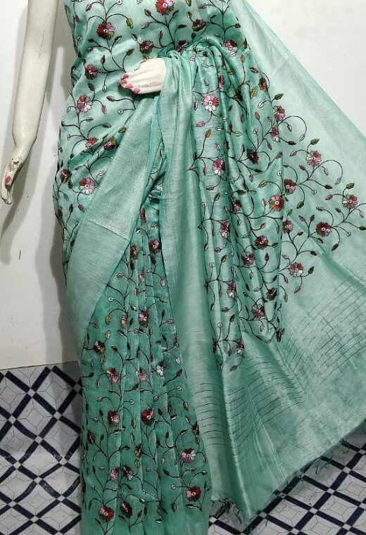Serene Sea Green Fletcher Silk Linen Saree With Floral Embroidery
