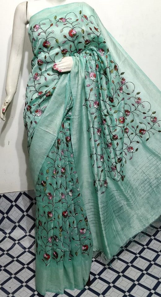 Serene Sea Green Fletcher Silk Linen Saree With Floral Embroidery