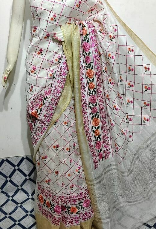 Splendid White Fletcher Silk Linen Saree With Floral Embroidery