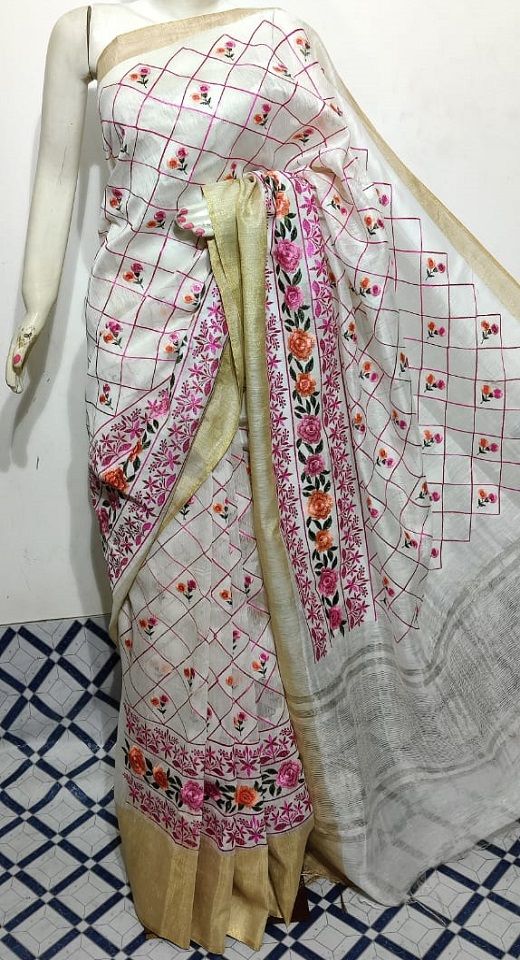 Splendid White Fletcher Silk Linen Saree With Floral Embroidery