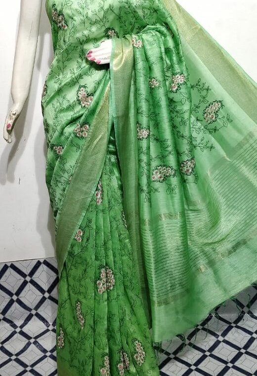 Stunning Green Fletcher Silk Linen Saree With Floral Embroidery