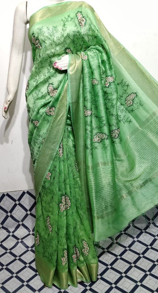 Stunning Green Fletcher Silk Linen Saree With Floral Embroidery