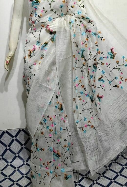 Subtle Offwhite Fletcher Silk Linen Saree With Floral Embroidery