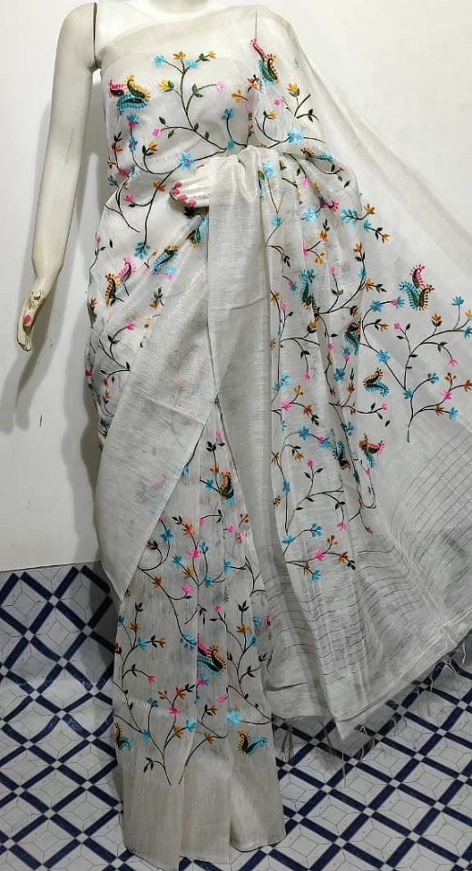 Subtle Offwhite Fletcher Silk Linen Saree With Floral Embroidery