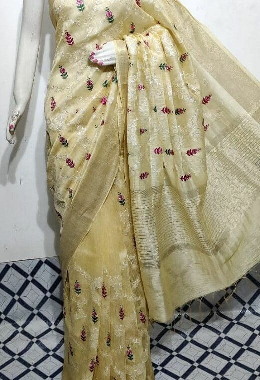 Tender Yellow Fletcher Silk Linen Saree With Floral Embroidery