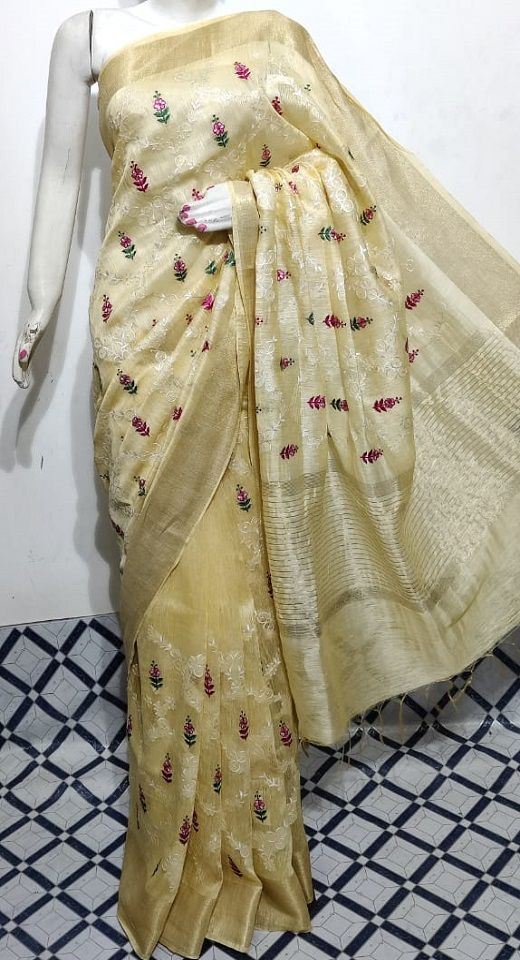 Tender Yellow Fletcher Silk Linen Saree With Floral Embroidery