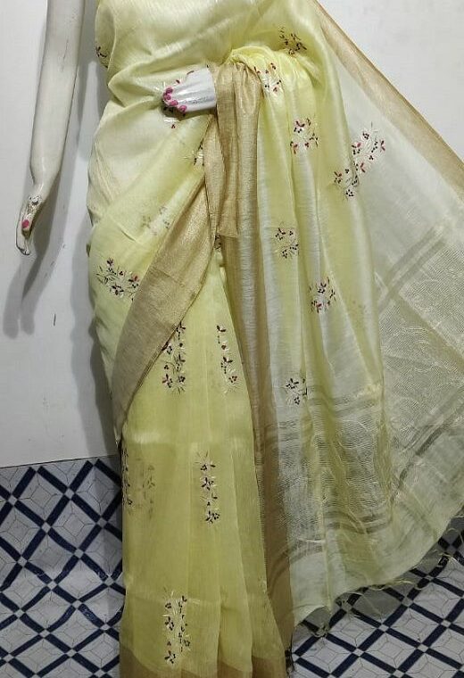 Warm Light Yellow Fletcher Silk Linen Saree With Floral Embroidery