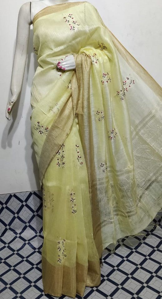 Warm Light Yellow Fletcher Silk Linen Saree With Floral Embroidery