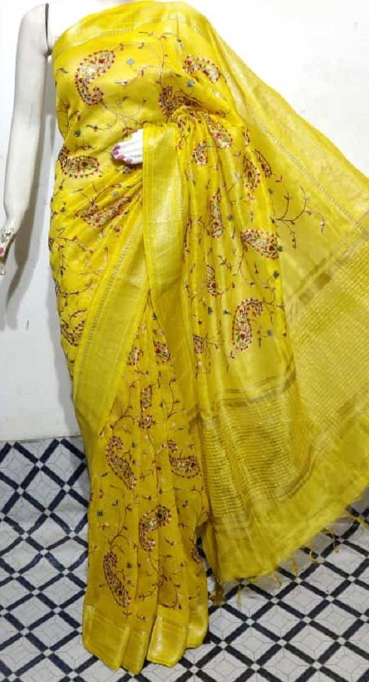 Wondorus Yellow Fletcher Silk Linen Saree With Floral Embroidery