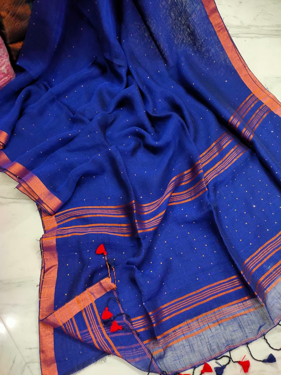 Attractive Royal Blue Handwoven Linen Sequins Saree With Zari Borders