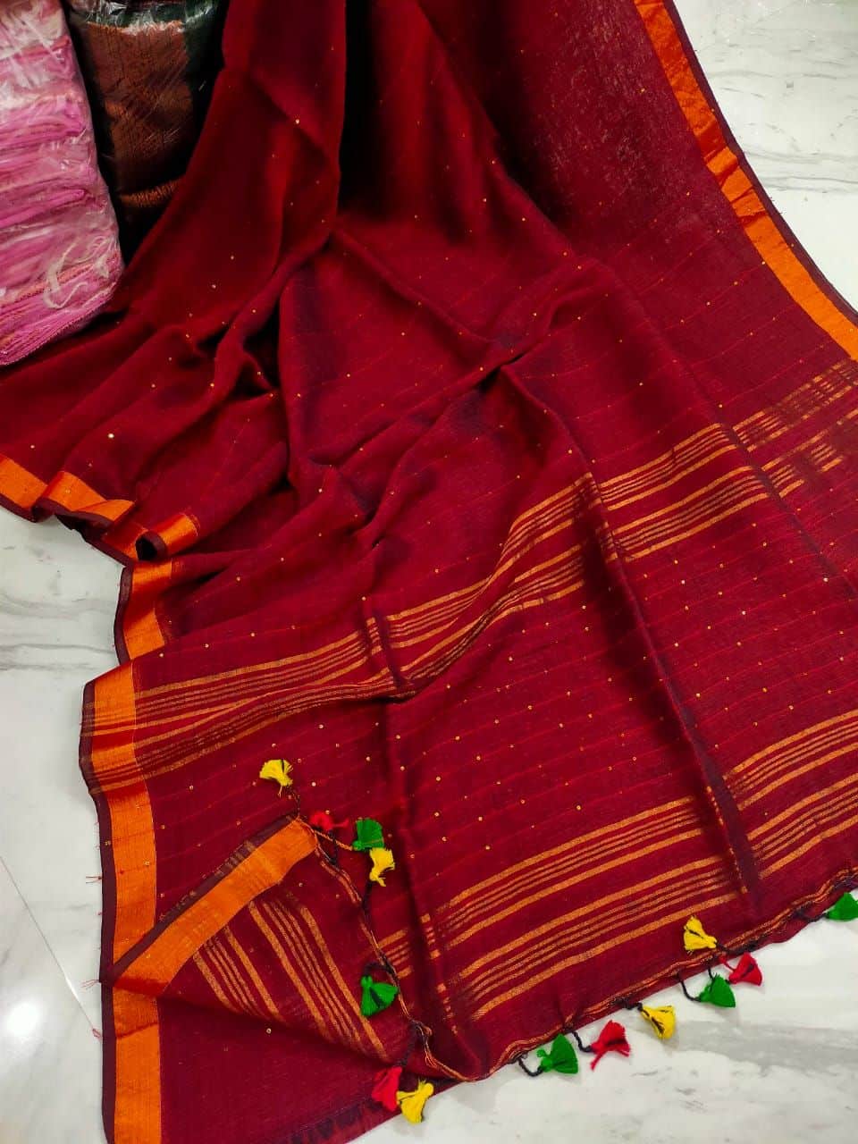 Awesome Maroon Handwoven Linen Sequins Saree With Zari Borders