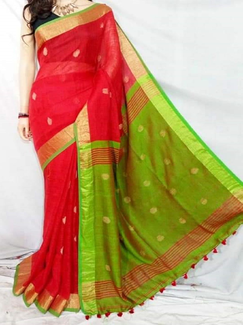 Beautiful Red Green Fusion Ball Butti Linen Jamdani Saree