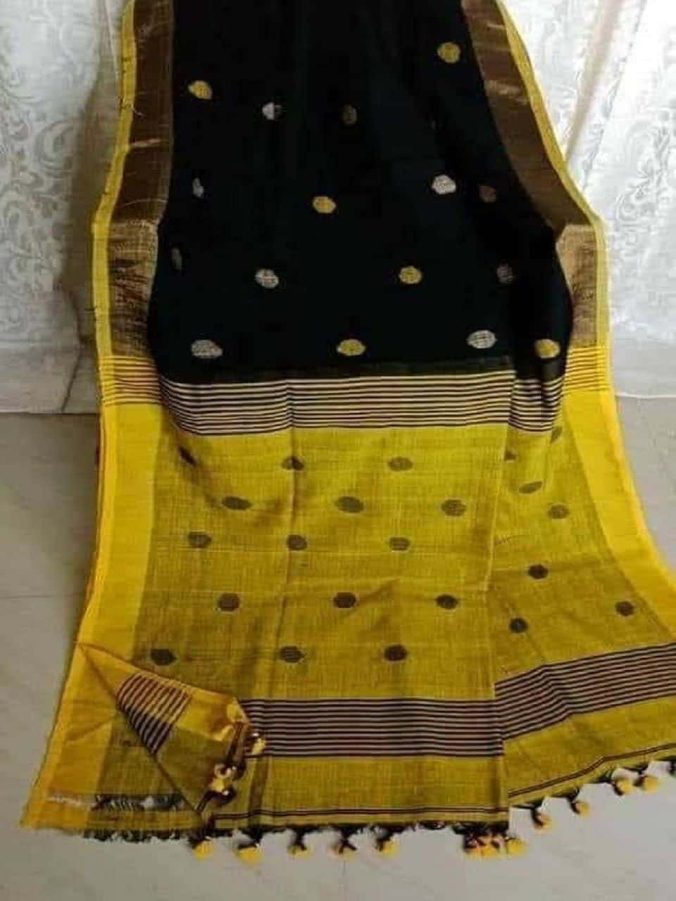 Bold Black Yellow Fusion Ball Butti Linen Jamdani Saree