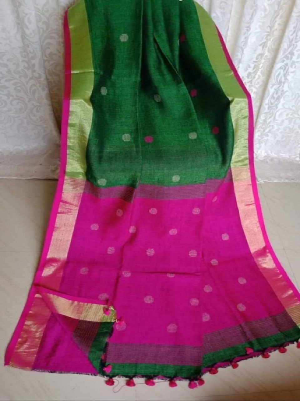 Bottle Green Pink Fusion Ball Butti Linen Jamdani Saree