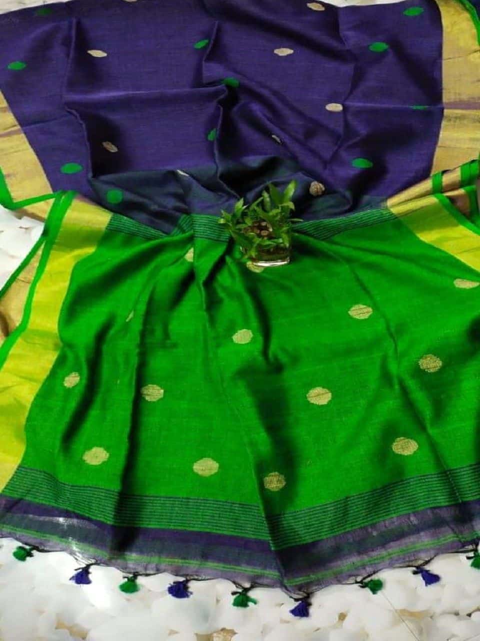 Dark Blue Green Fusion Ball Butti Linen Jamdani Saree