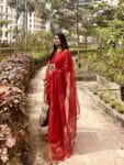 Dazzling Red Handwoven Linen Sequins Saree With Zari Borders