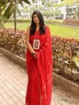 Dazzling Red Handwoven Linen Sequins Saree With Zari Borders