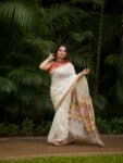 Divine OffWhite Linen Handwoven Jamdani Saree With Thin Borders