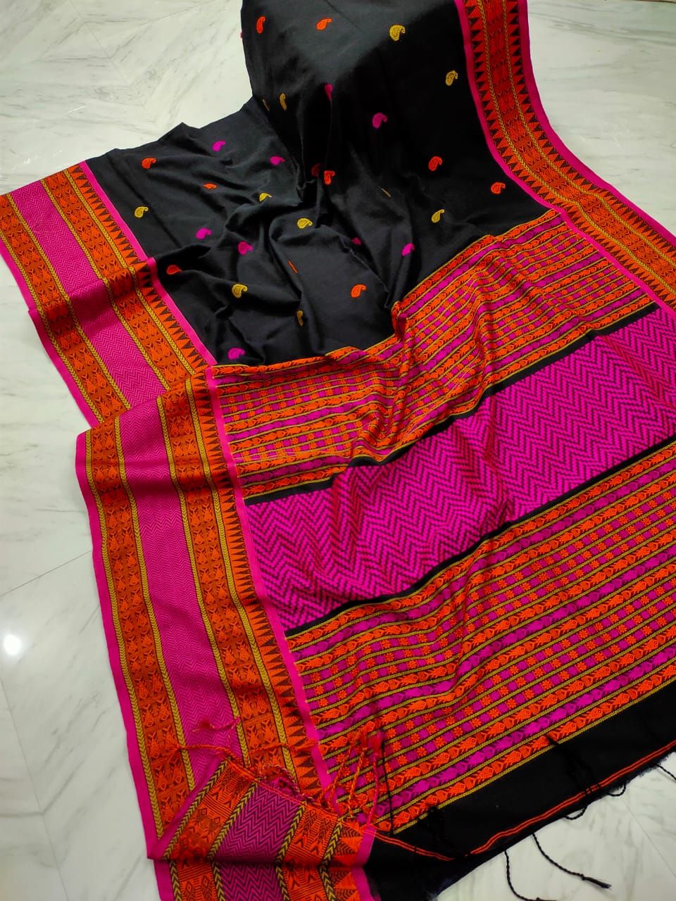 Elegant Black Handwoven Cotton Tanchoi Saree With Pink Orange Border