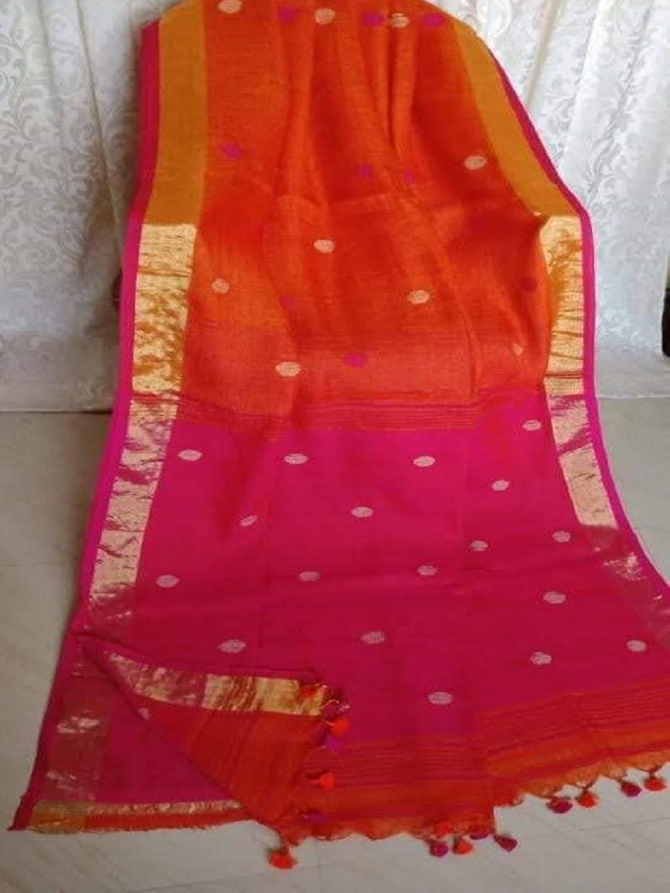 Graceful Orange Pink Fusion Ball Butti Linen Jamdani Saree