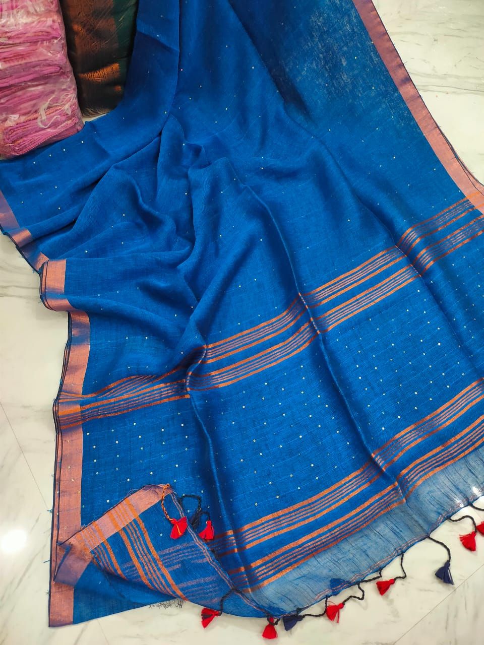 Glorious Blue Handwoven Linen Sequins Saree With Zari Borders