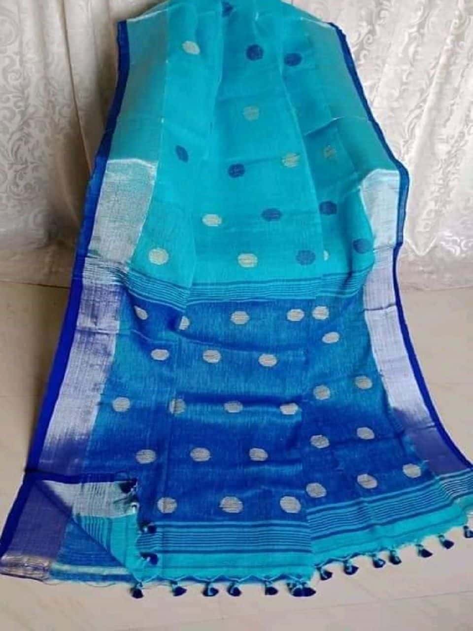 Lovely Blue Tone Fusion Ball Butti Linen Jamdani Saree