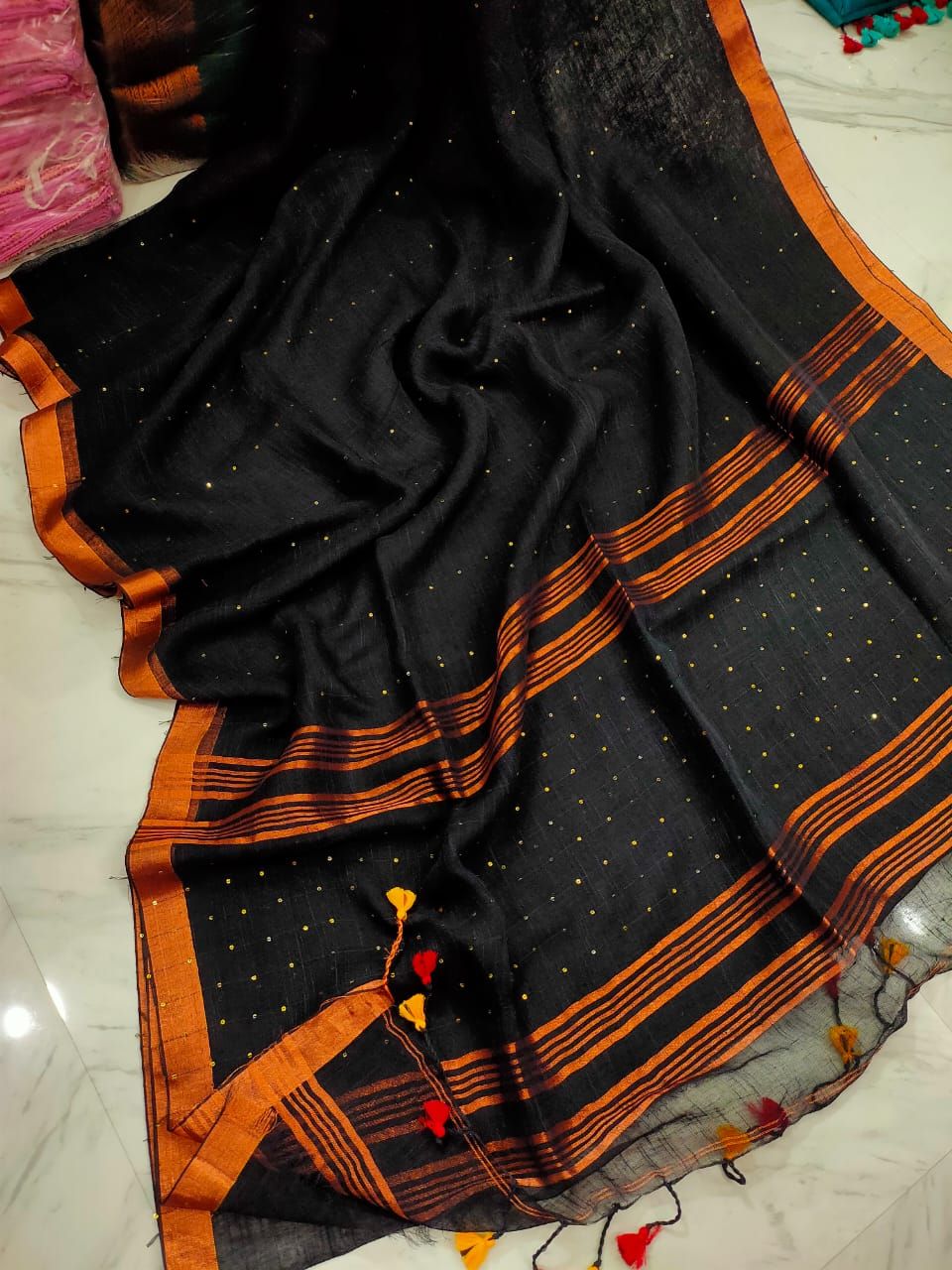 Luminous Black Handwoven Linen Sequins Saree With Zari Borders