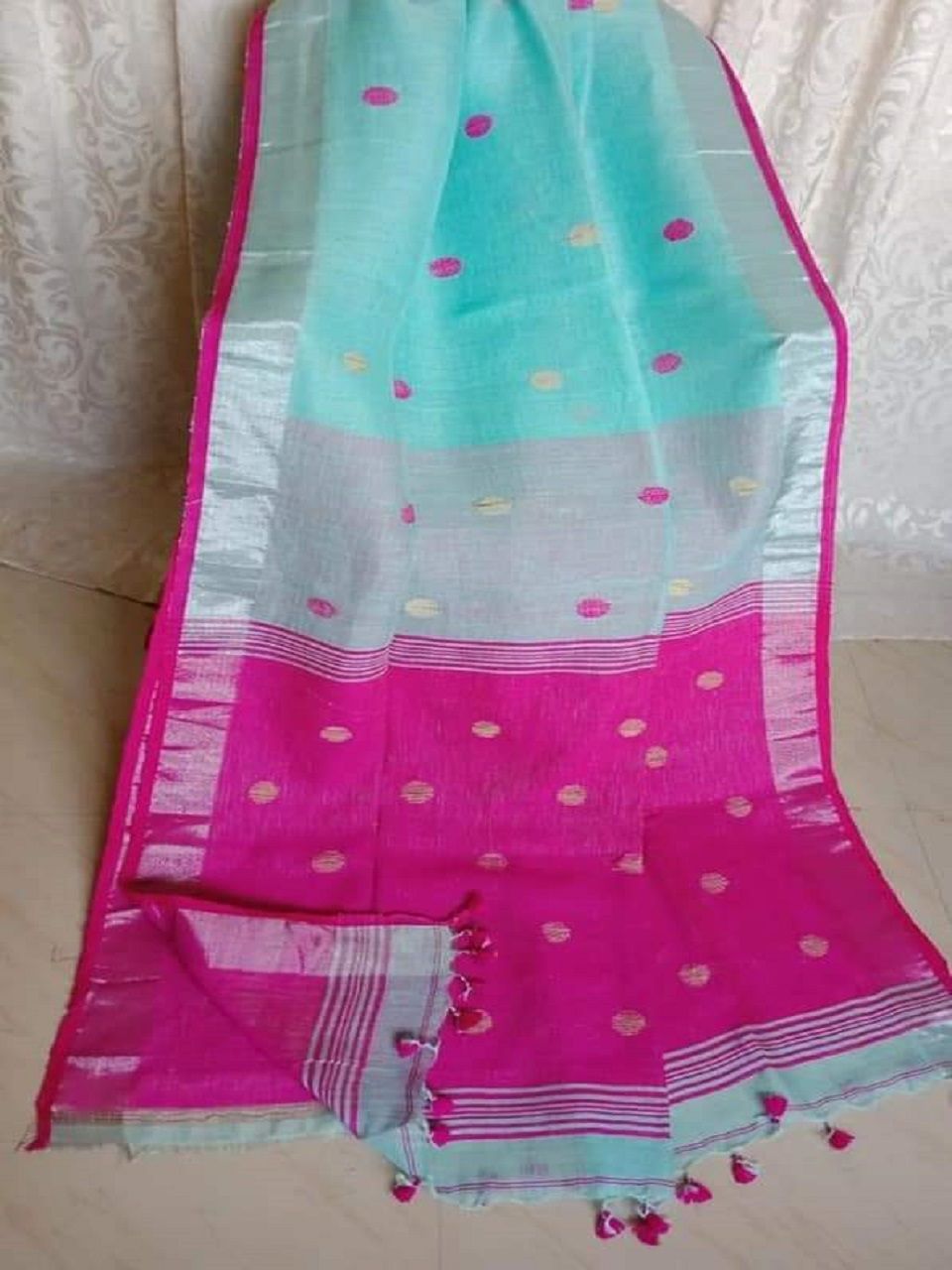 Ocean Blue Pink Fusion Ball Butti Linen Jamdani Saree