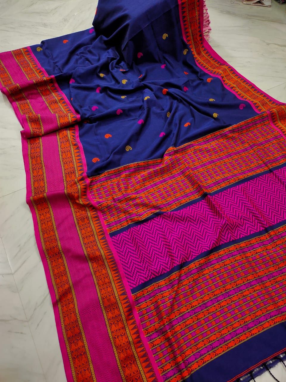 Rich Royal Blue Handwoven Cotton Tanchoi Saree With Pink Orange Border