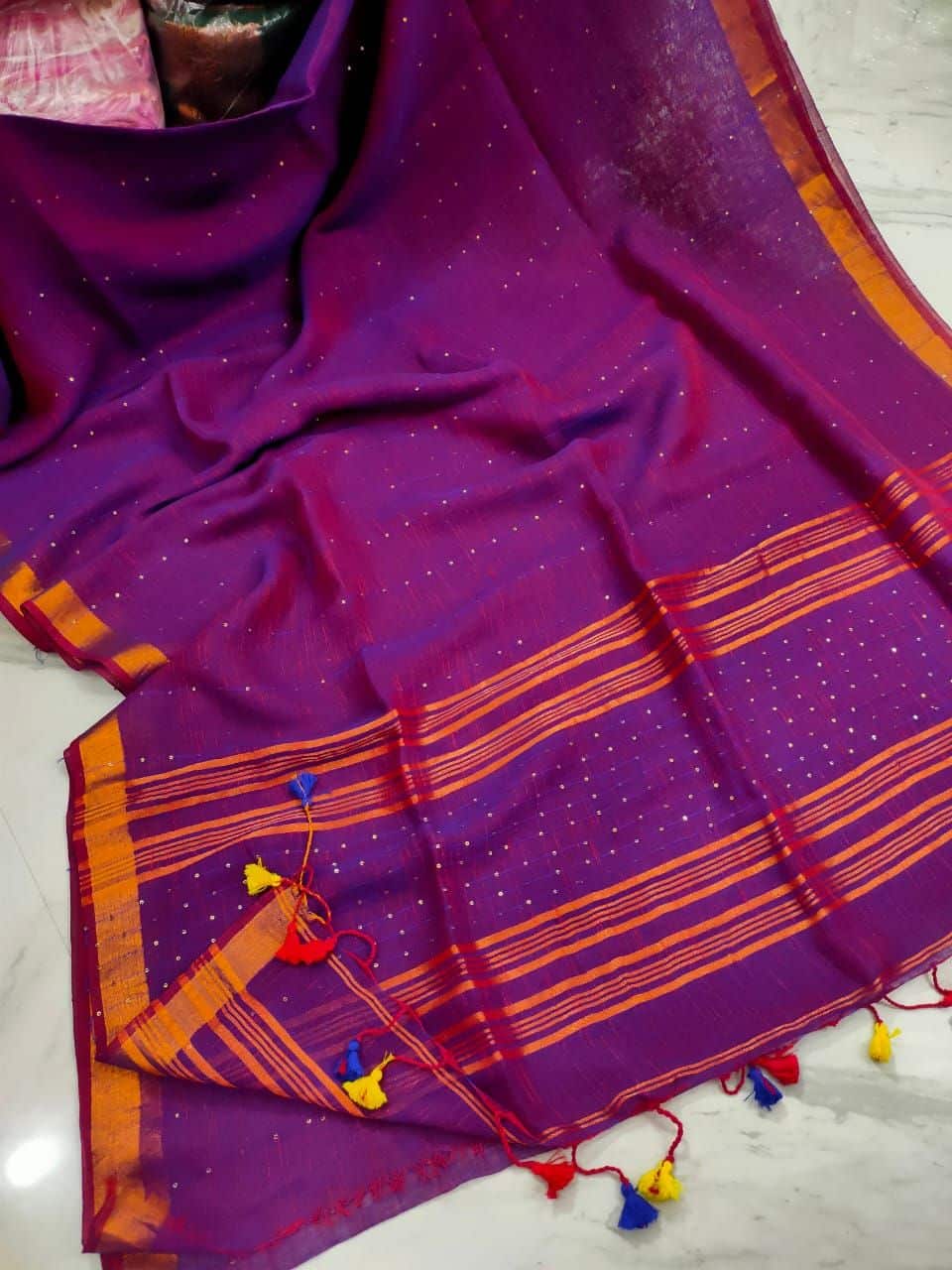 Sparkling Purple Handwoven Linen Sequins Saree With Zari Borders