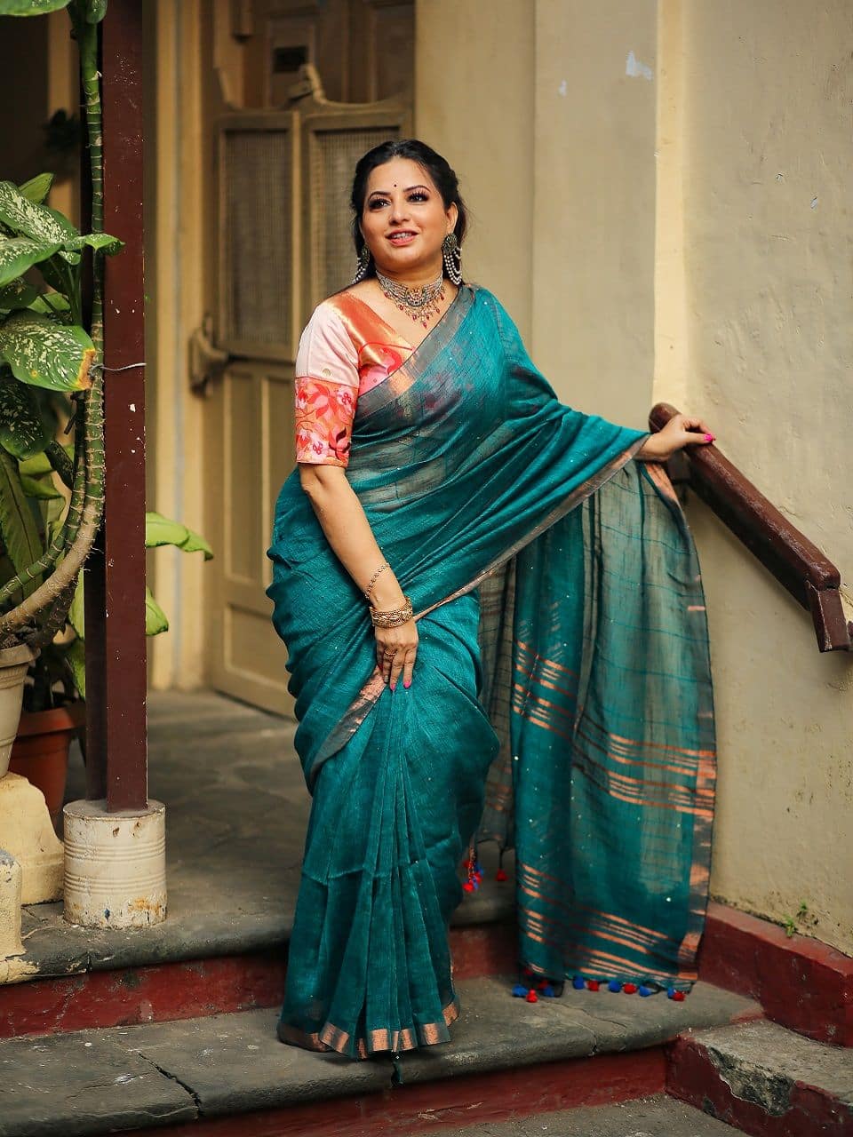 Stunning Red Cotton Linen Handwoven in Bandhini Style Saree