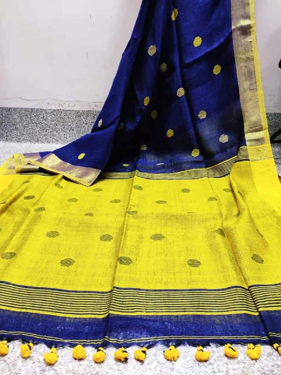 Unique Dark Blue Yellow Fusion Ball Butti Linen Jamdani Saree