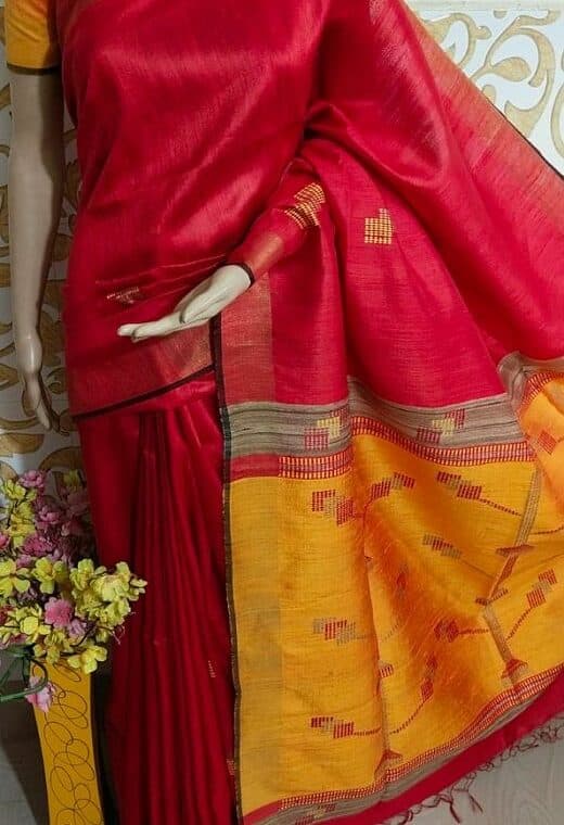 Adorable Red Yellow Pure Tussar Dupion Raw Silk Handwoven Saree
