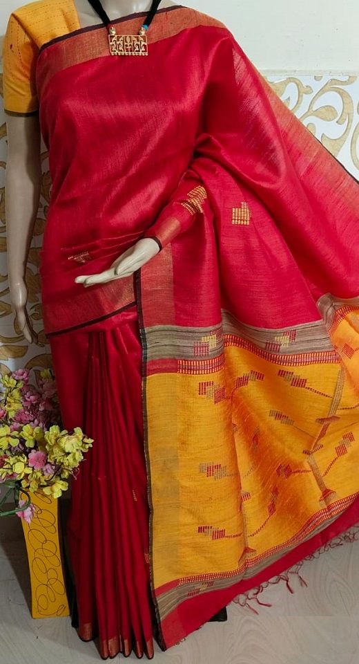 Adorable Red Yellow Pure Tussar Dupion Raw Silk Handwoven Saree