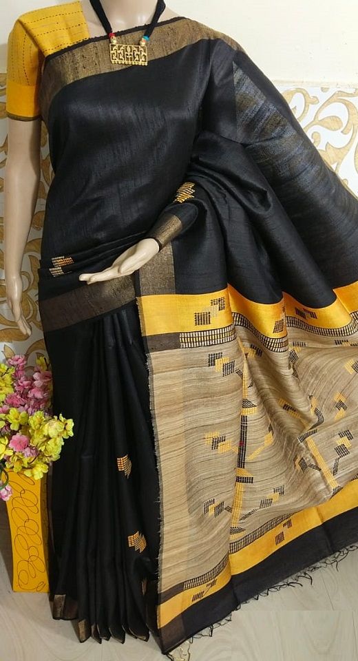 Awesome Black Yellow Pure Tussar Dupion Raw Silk Handwoven Saree