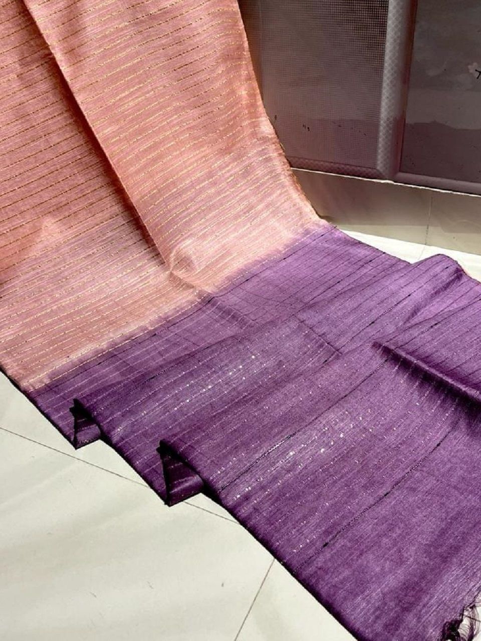 Awesome Peach Purple Blend Zari Stripe Kota Silk Saree