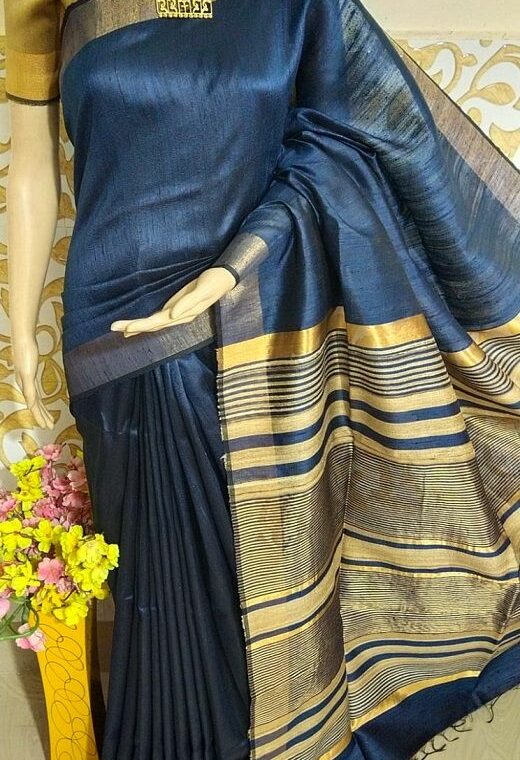 Beautiful Dark Blue Pure Tussar Dupion Raw Silk Handwoven Saree
