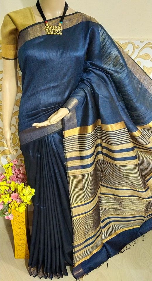 Beautiful Dark Blue Pure Tussar Dupion Raw Silk Handwoven Saree