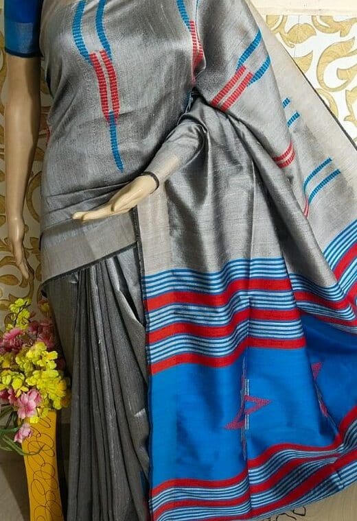 Brilliant Silver Grey Pure Tussar Dupion Raw Silk Handwoven Saree