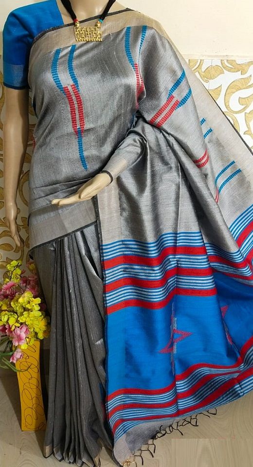 Brilliant Silver Grey Pure Tussar Dupion Raw Silk Handwoven Saree