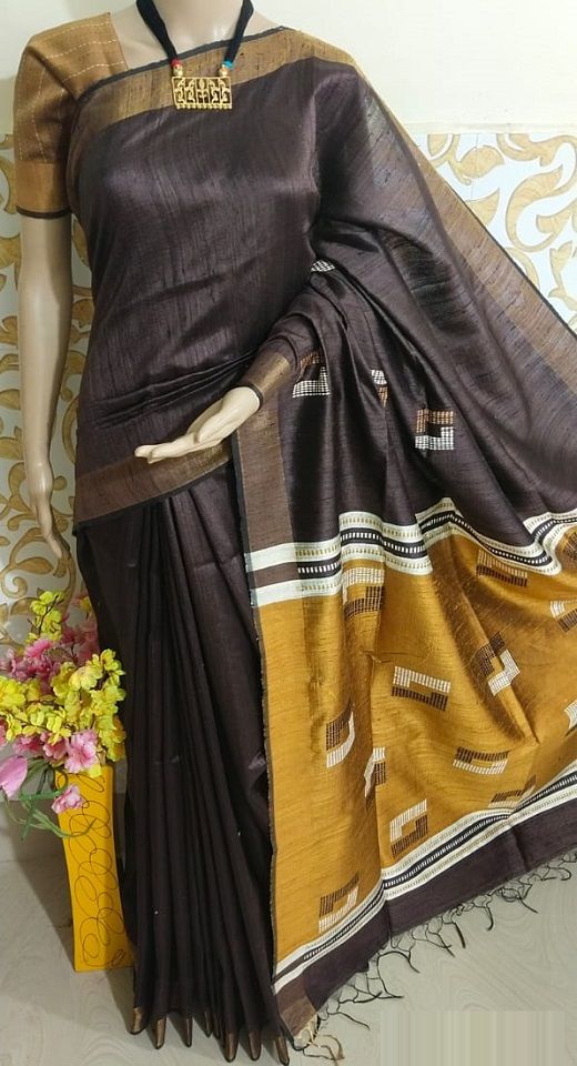 Chocolate Brown Mustard Pure Tussar Dupion Raw Silk Handwoven Saree