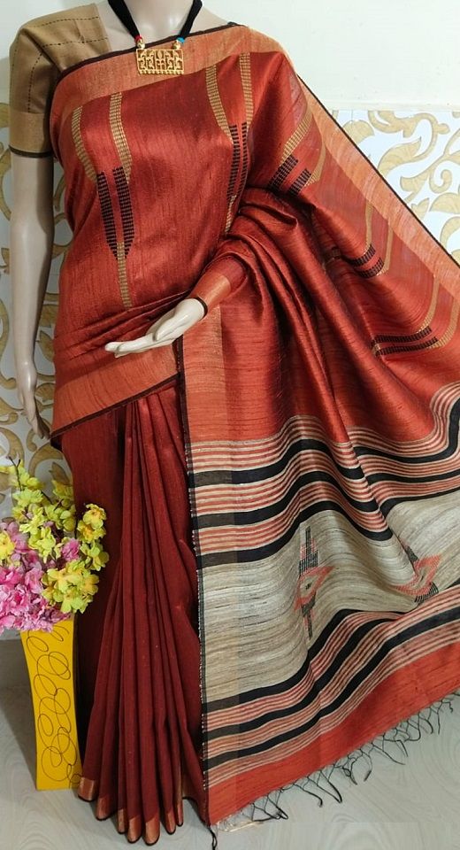 Dazzling Rust Orange Pure Tussar Dupion Raw Silk Handwoven Saree