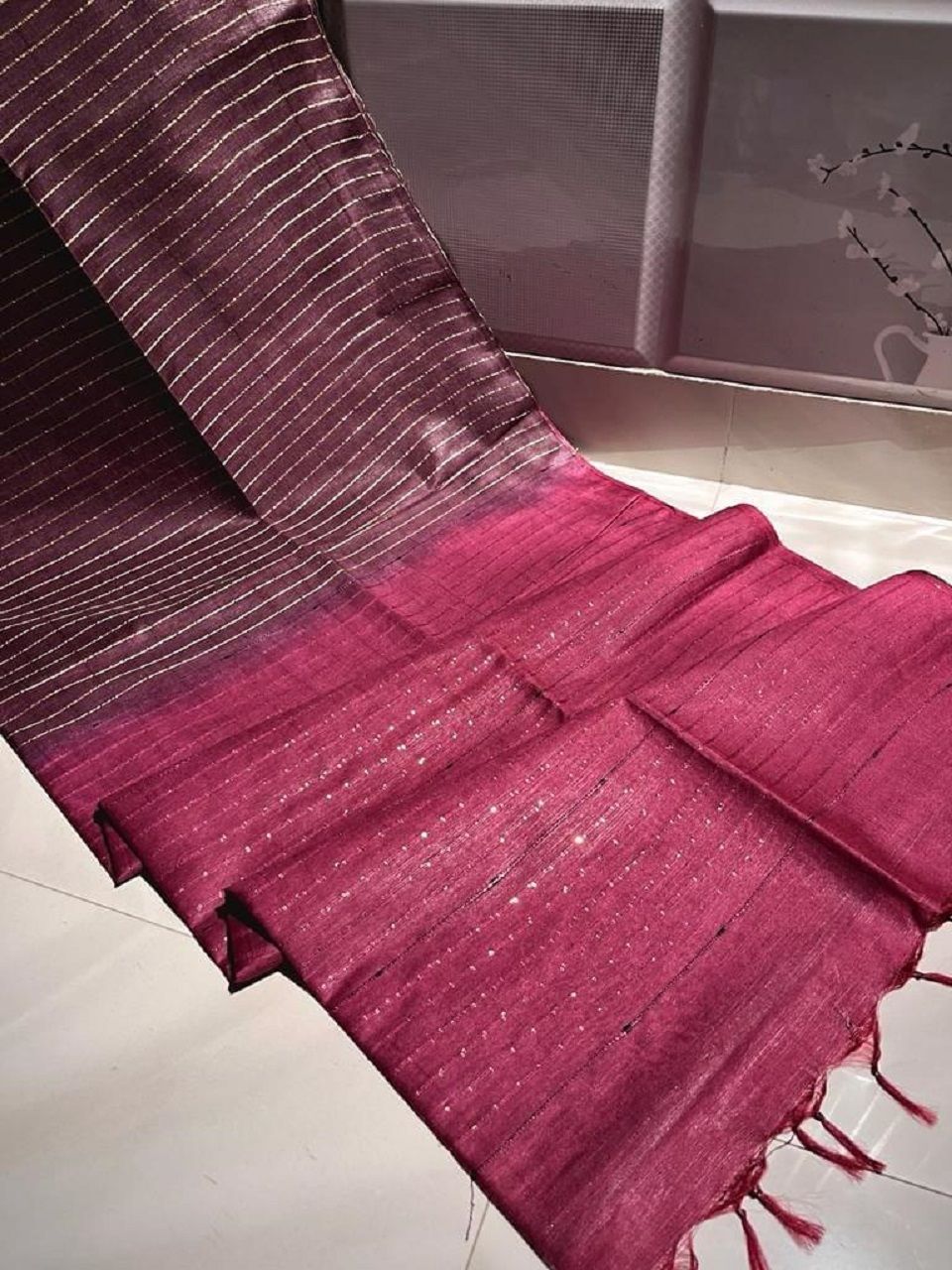 Deep Burgundy Maroon Blend Zari Stripe Kota Silk Saree