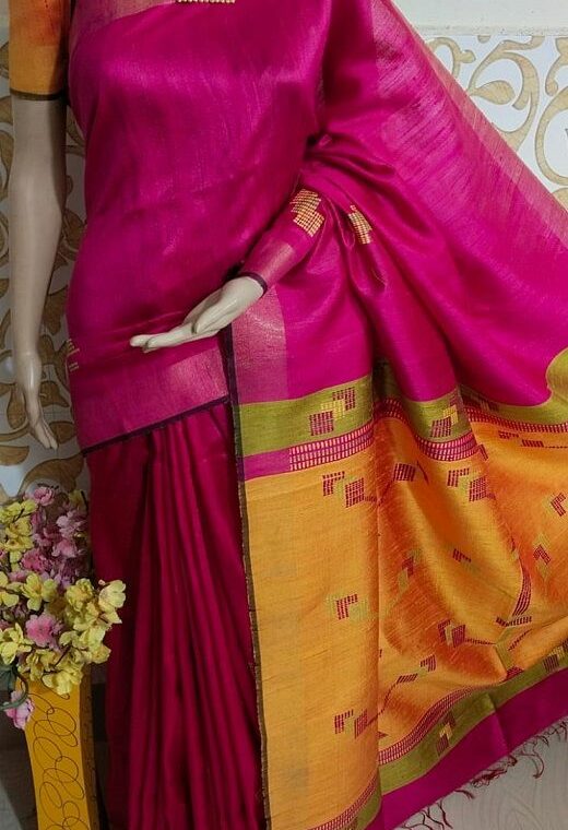 Elegant Dark Pink Pure Tussar Dupion Raw Silk Handwoven Saree