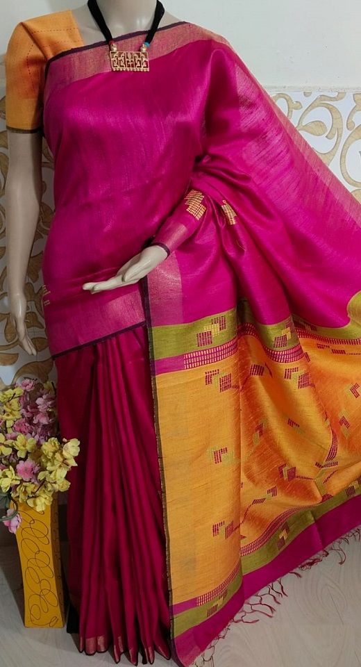 Elegant Dark Pink Pure Tussar Dupion Raw Silk Handwoven Saree