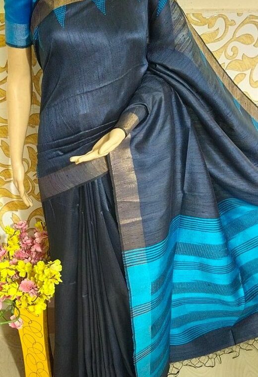 Glorious Dark Grey Pure Tussar Dupion Raw Silk Handwoven Saree