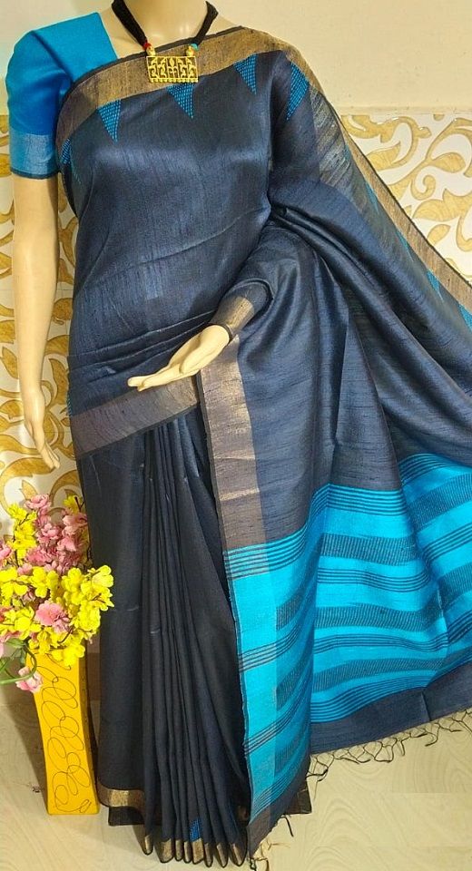 Glorious Dark Grey Pure Tussar Dupion Raw Silk Handwoven Saree